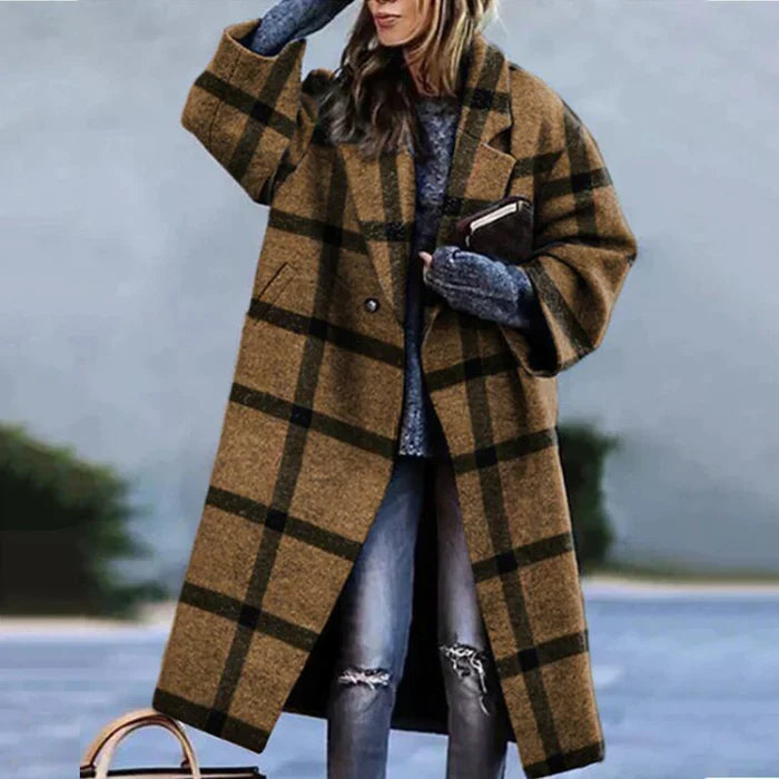 Women's oversized long coat with lapels, button front and checked colour-block design