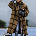 Women's oversized long coat with lapels, button front and checked colour-block design