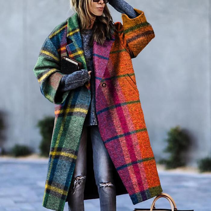 Women's oversized long coat with lapels, button front and checked colour-block design