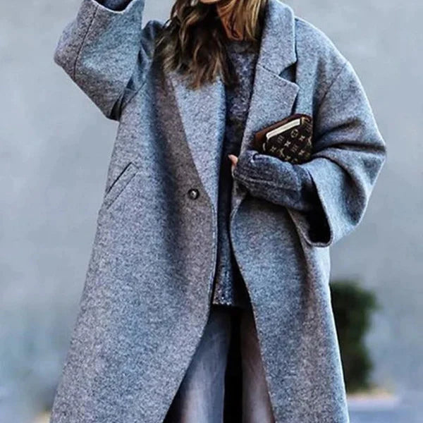 Women's oversized long coat with lapels, button front and checked colour-block design