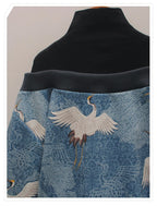 Women's blue crane print off-shoulder sweatshirt