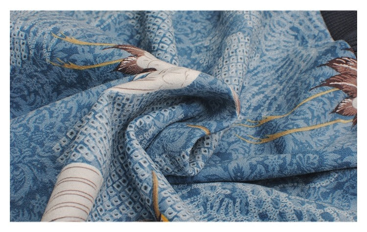Women's blue crane print off-shoulder sweatshirt