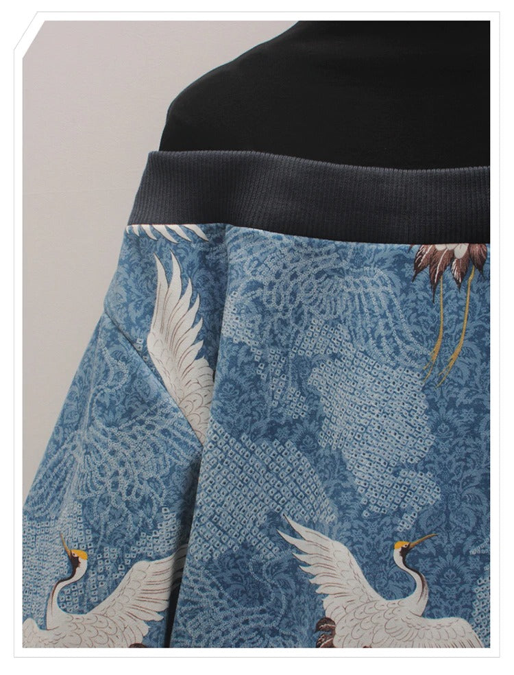Women's blue crane print off-shoulder sweatshirt