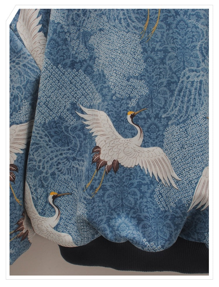Women's blue crane print off-shoulder sweatshirt