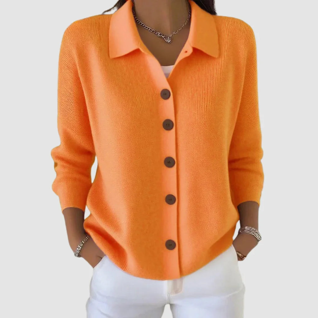 Women's collared button front knit cardigan with long sleeves