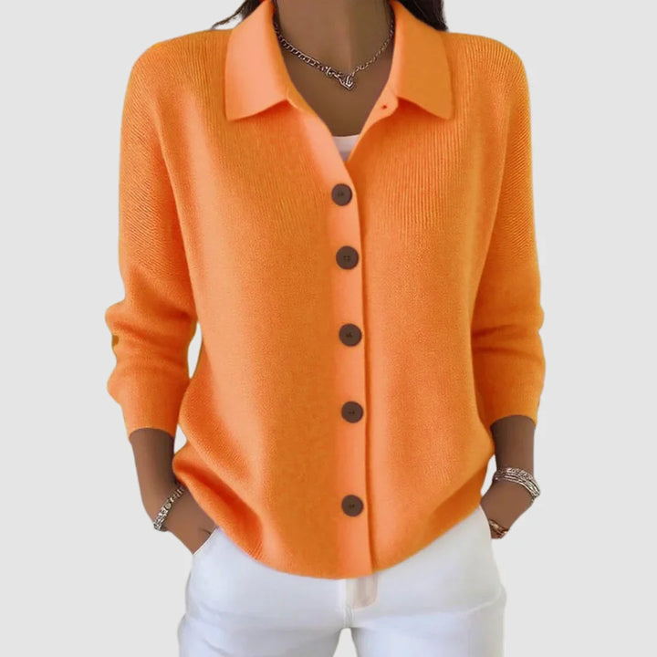 Women's collared button front knit cardigan with long sleeves