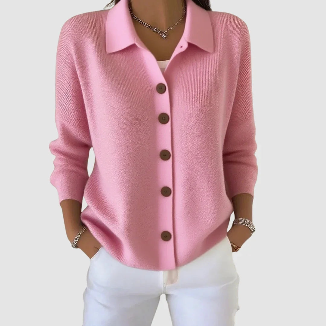 Women's collared button front knit cardigan with long sleeves