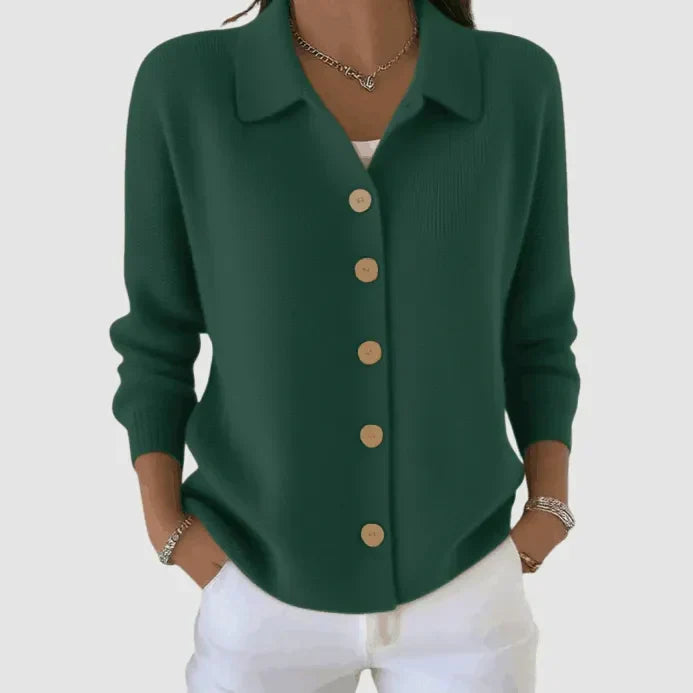 Women's collared button front knit cardigan with long sleeves