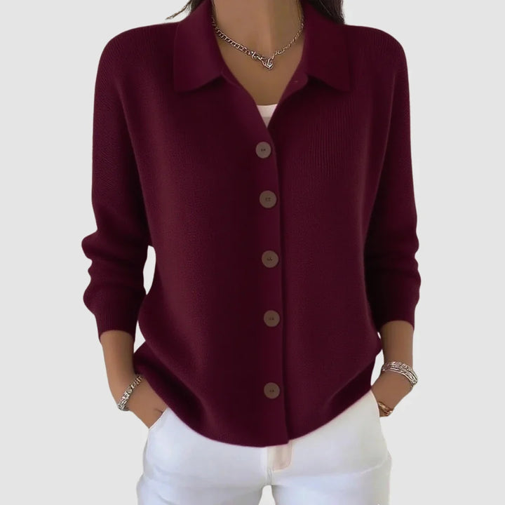 Women's collared button front knit cardigan with long sleeves