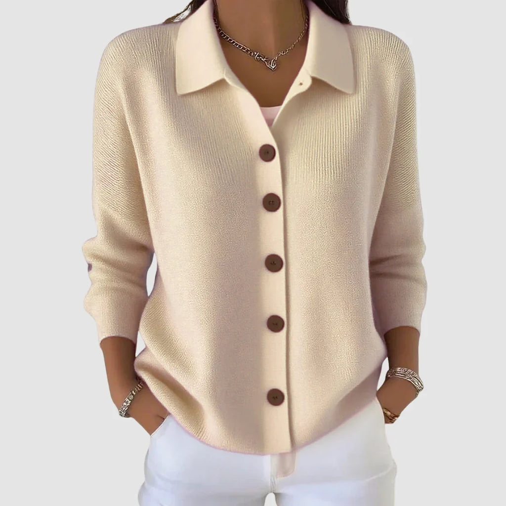 Women's collared button front knit cardigan with long sleeves