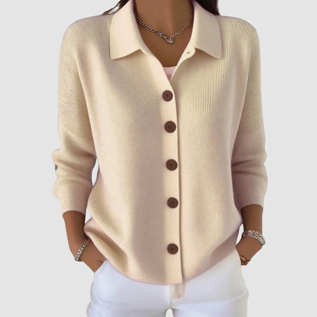 Women's collared button front knit cardigan with long sleeves