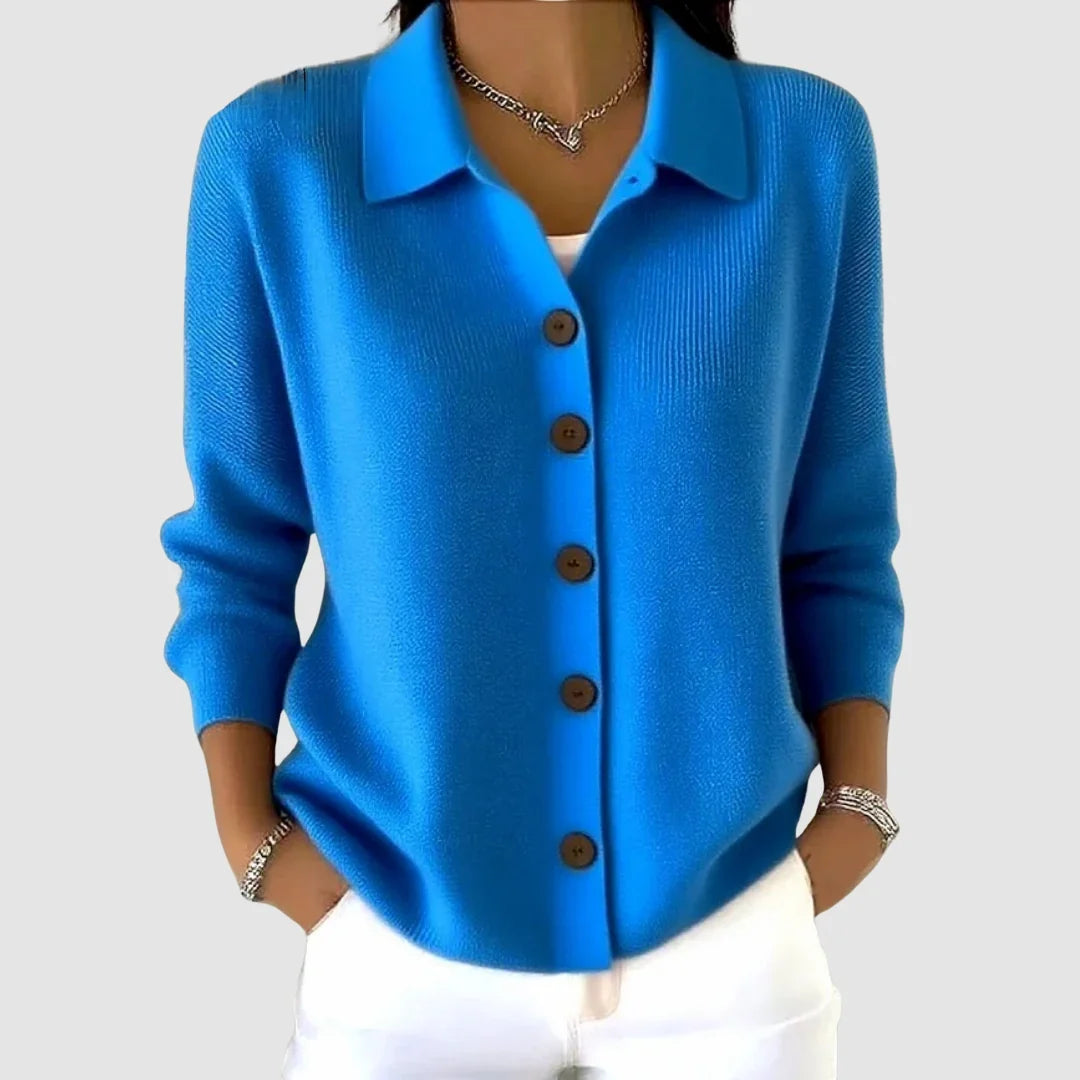 Women's collared button front knit cardigan with long sleeves