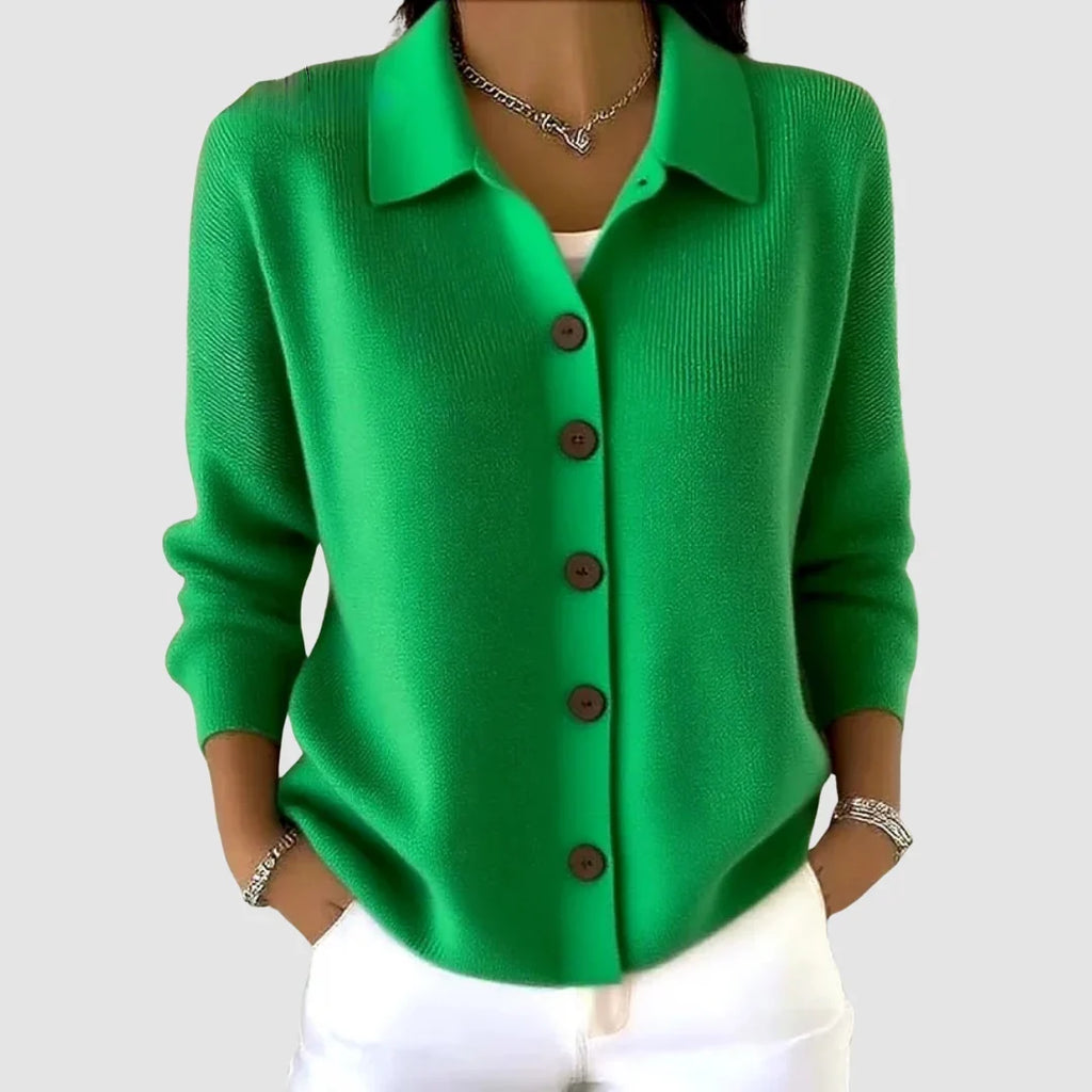 Women's collared button front knit cardigan with long sleeves