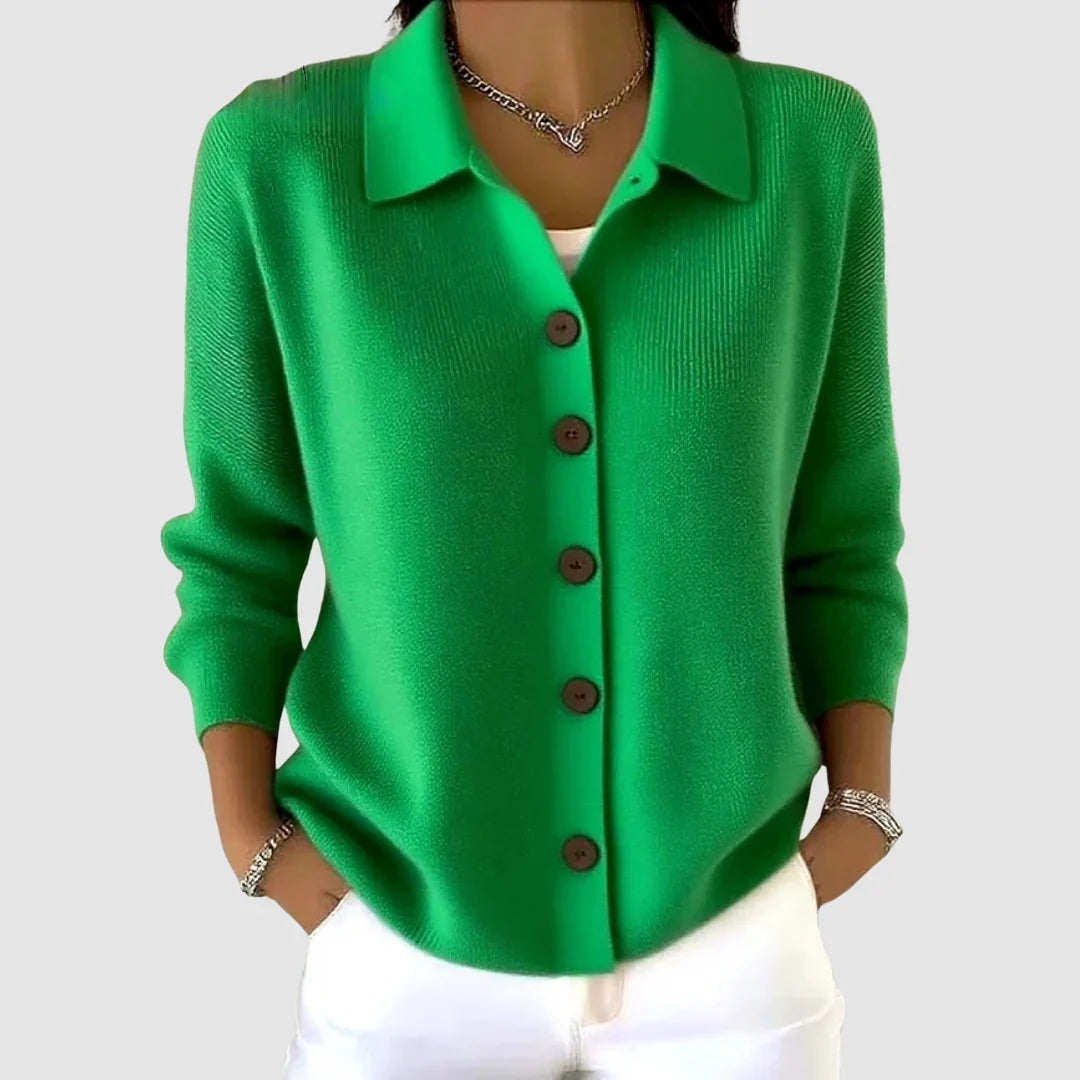 Women's collared button front knit cardigan with long sleeves