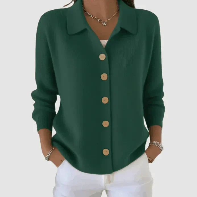 Women's collared button front knit cardigan with long sleeves