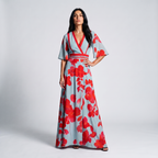 Women's light blue floral wrap maxi dress with red flowers and three-quarter sleeves