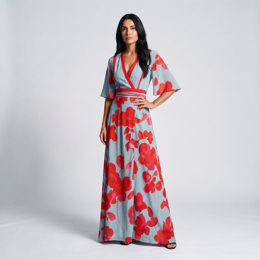 Women's light blue floral wrap maxi dress with red flowers and three-quarter sleeves