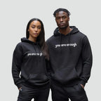 Unisex oversized hoodie with hood, kangaroo pocket and front and back text print