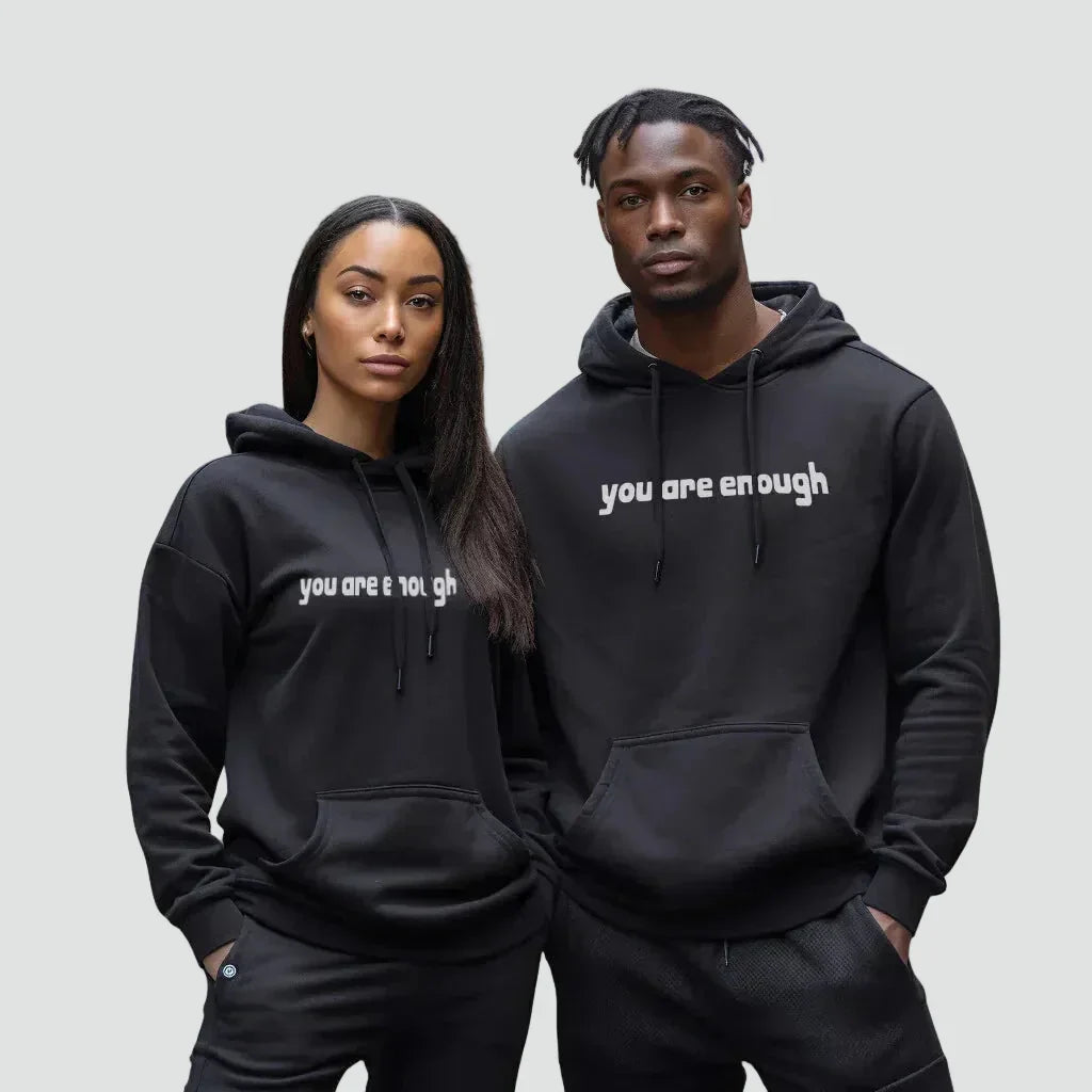 Unisex oversized hoodie with hood, kangaroo pocket and front and back text print