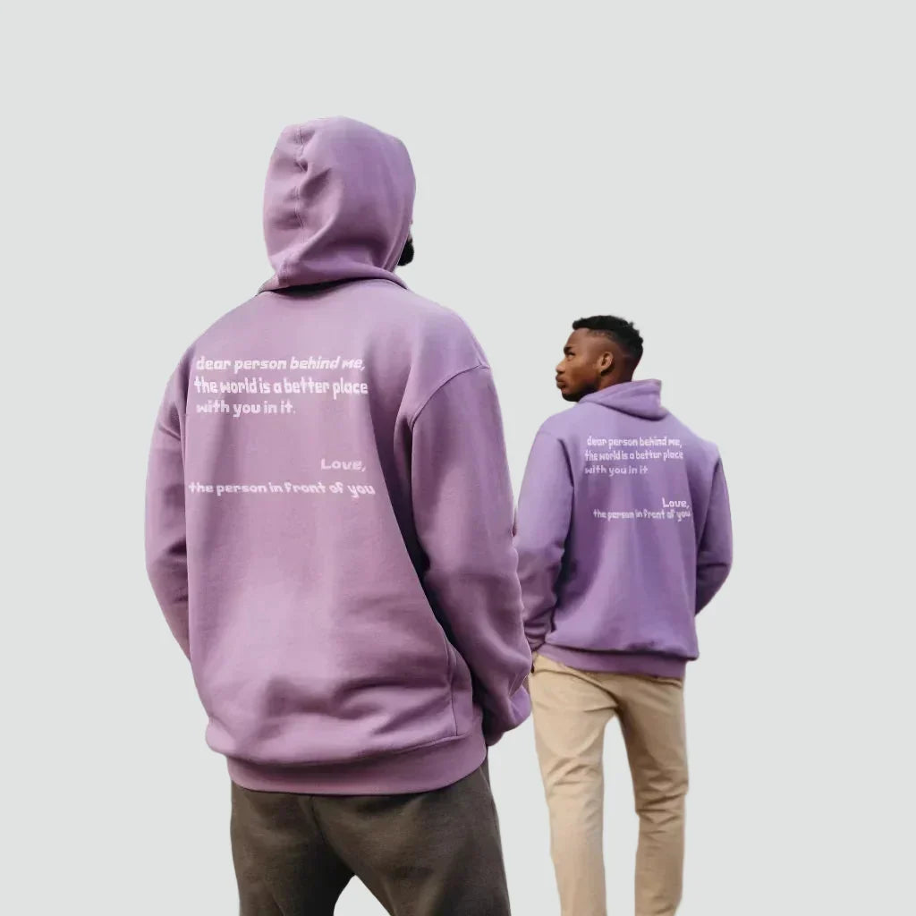 Unisex oversized hoodie with hood, kangaroo pocket and front and back text print