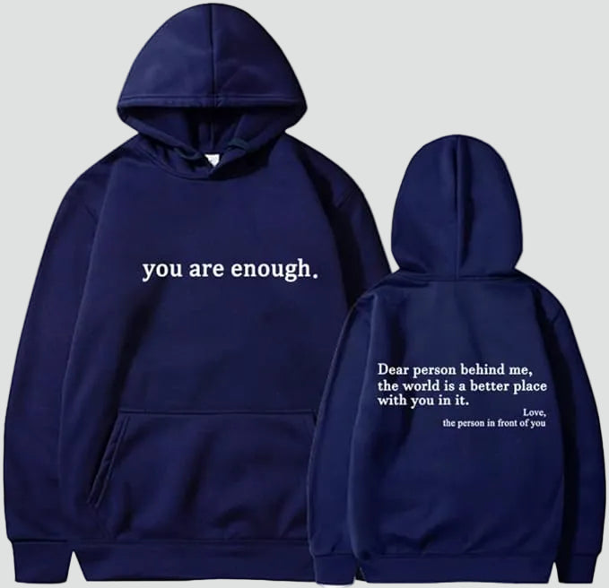 Unisex oversized hoodie with hood, kangaroo pocket and front and back text print