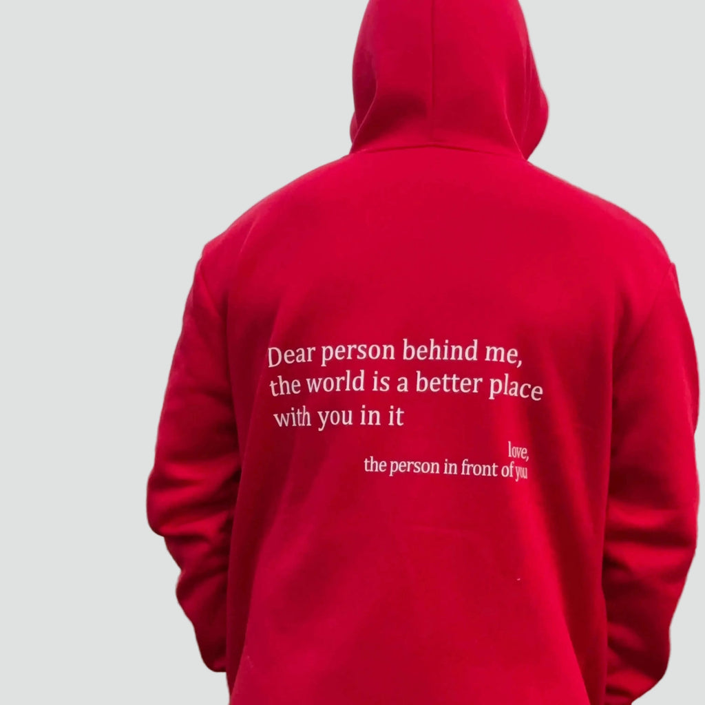 Unisex oversized hoodie with hood, kangaroo pocket and front and back text print