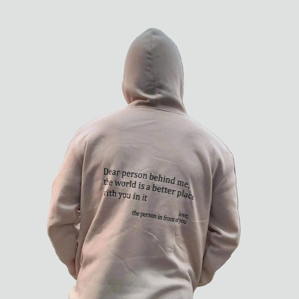 Unisex oversized hoodie with hood, kangaroo pocket and front and back text print