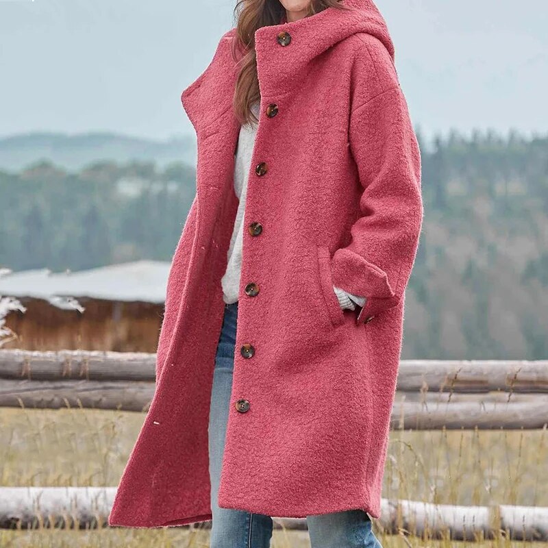 Women's Long Hooded Wool-Look Coat