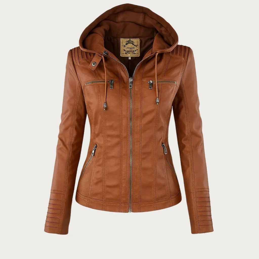 Women's hooded moto jacket with zip front and zipped pockets