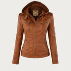 Women's hooded moto jacket with zip front and zipped pockets