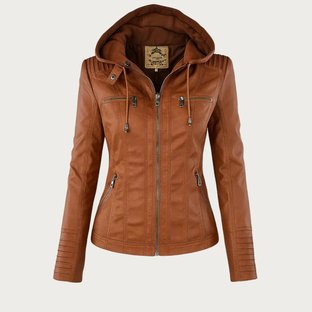 Women's hooded moto jacket with zip front and zipped pockets
