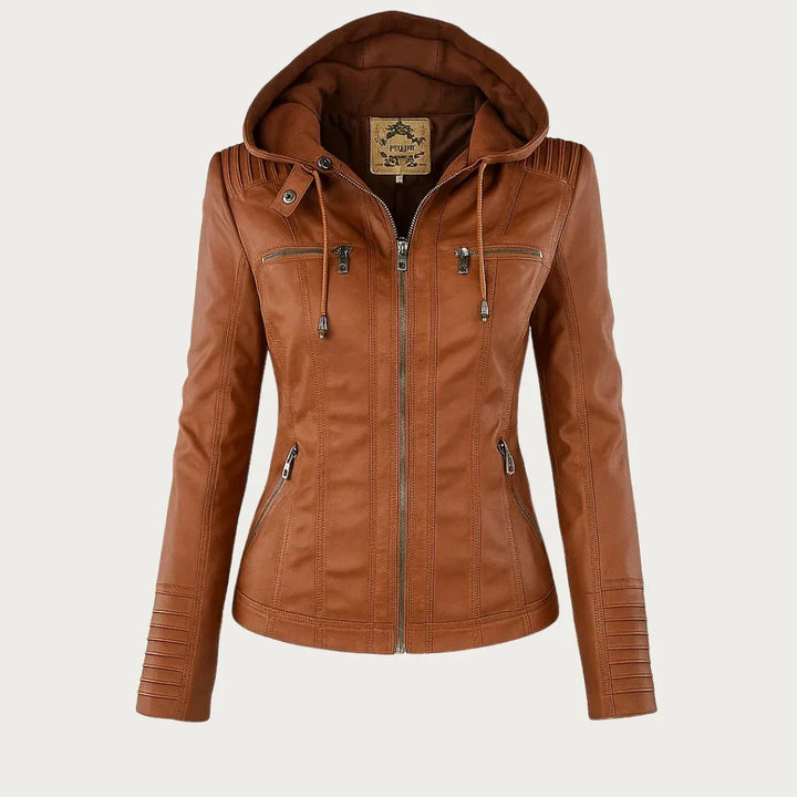 Women's hooded moto jacket with zip front and zipped pockets