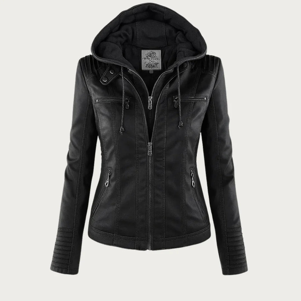Women's hooded moto jacket with zip front and zipped pockets