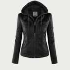 Women's hooded moto jacket with zip front and zipped pockets