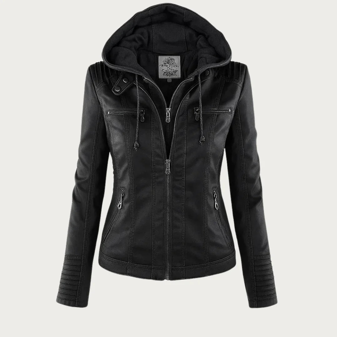 Women's hooded moto jacket with zip front and zipped pockets
