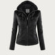 Women's hooded moto jacket with zip front and zipped pockets