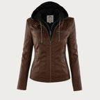 Women's hooded moto jacket with zip front and zipped pockets