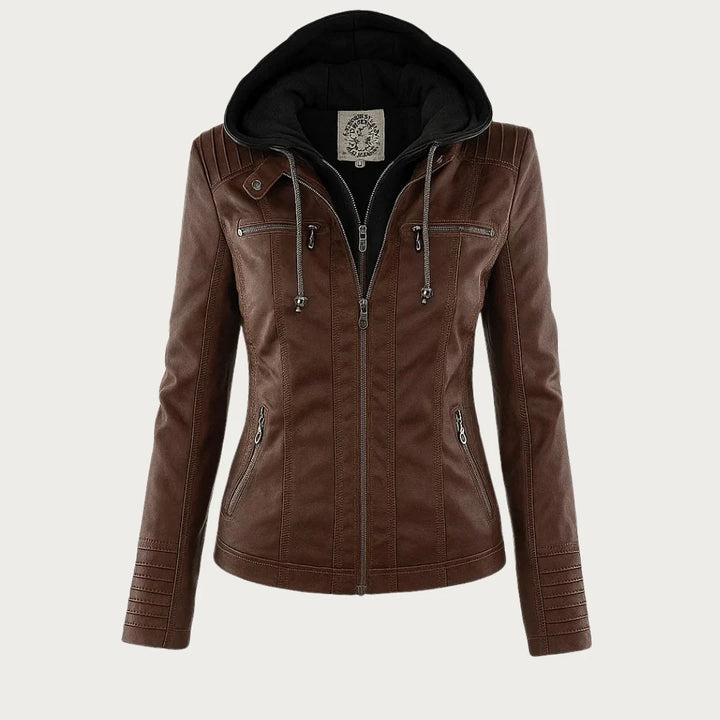 Women's hooded moto jacket with zip front and zipped pockets