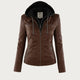 Women's hooded moto jacket with zip front and zipped pockets