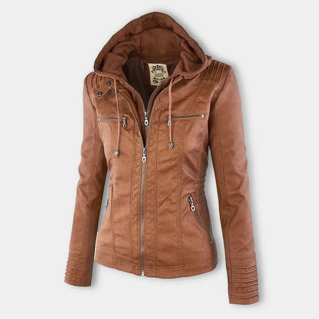 Women's hooded moto jacket with zip front and zipped pockets