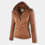 Women's hooded moto jacket with zip front and zipped pockets