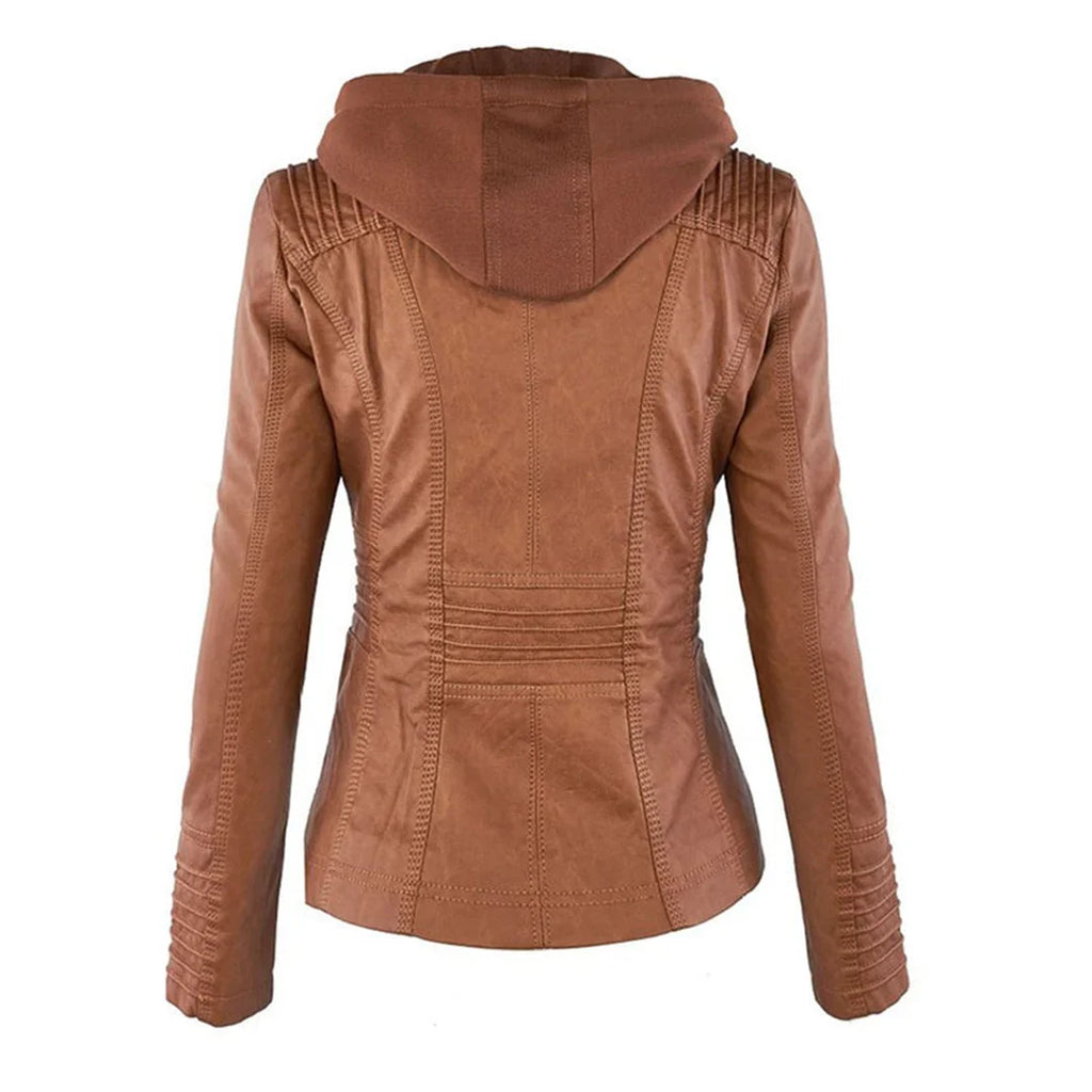 Women's hooded moto jacket with zip front and zipped pockets
