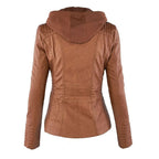 Women's hooded moto jacket with zip front and zipped pockets