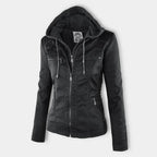 Women's hooded moto jacket with zip front and zipped pockets