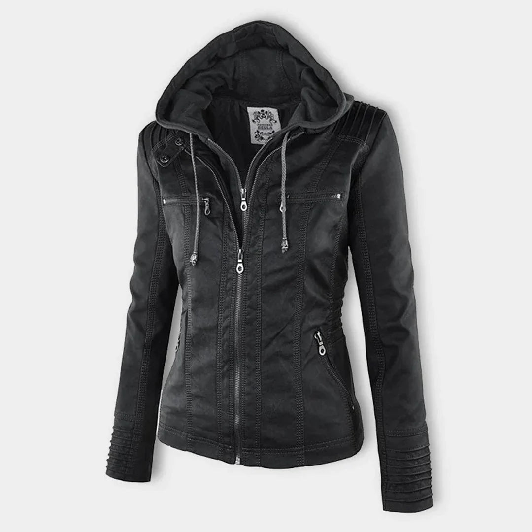 Women's hooded moto jacket with zip front and zipped pockets