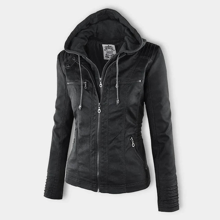 Women's hooded moto jacket with zip front and zipped pockets