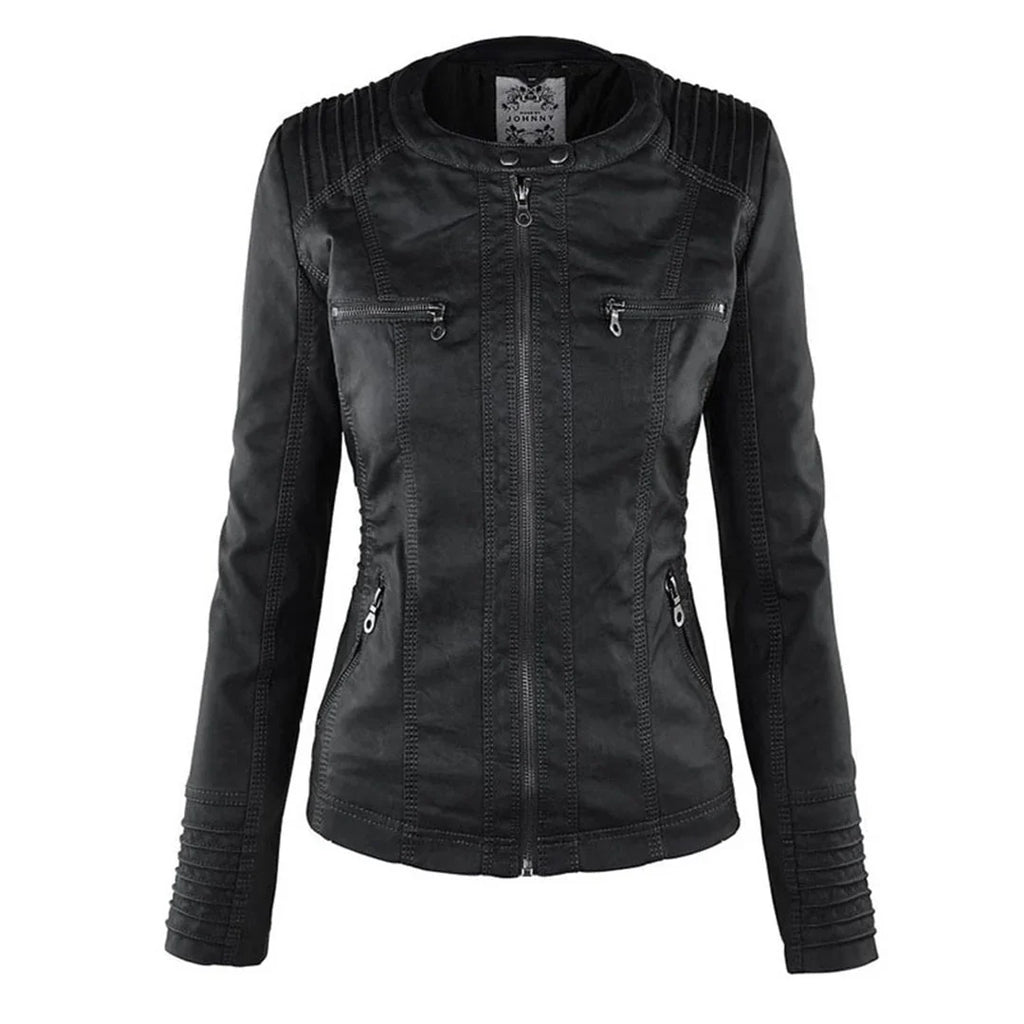 Women's hooded moto jacket with zip front and zipped pockets