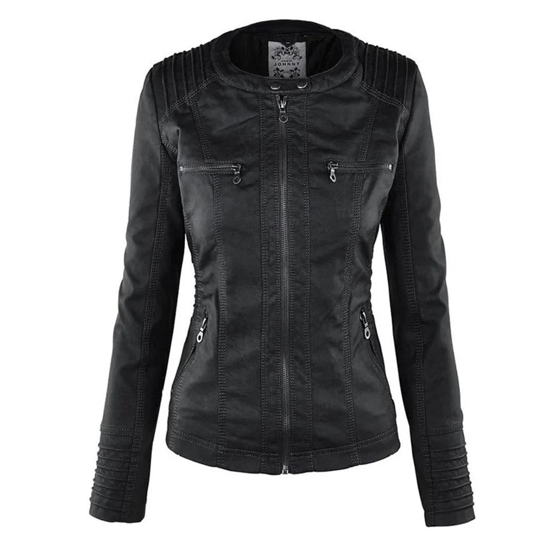 Women's hooded moto jacket with zip front and zipped pockets