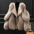 Women's oversized jacket with fur-textured collar, lapels and diagonal zip front