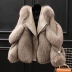 Women's oversized jacket with fur-textured collar, lapels and diagonal zip front